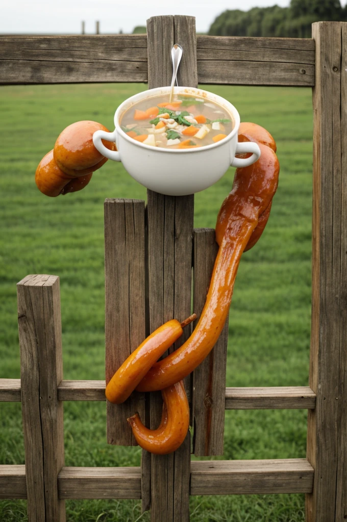 wooden fence with arms eating a soup na