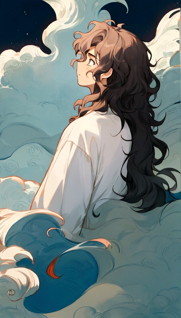 turning his back. A boy with wavy hair