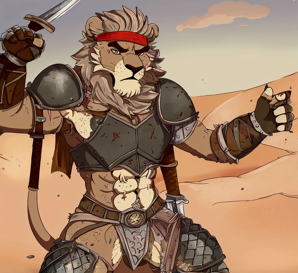 Solo Sexy anthro furry lion male mercenary medieval solider, slim endomorph muscular handsone model male apperance, headband, sword scars, worn out rusty skimpy armament, low on hips heavy leather belt, old very worn out skimpy dirty linen material jockstrap, old yellow dirty worn out stains on white jockstrap, studded skimpy armlets breastplate armor, skimpy breastplate, leather bondages, fingerless leather gloves, smelly unwashed furr, dirty body look, desert battlefield, standing in sexy fighting position, close view of full character