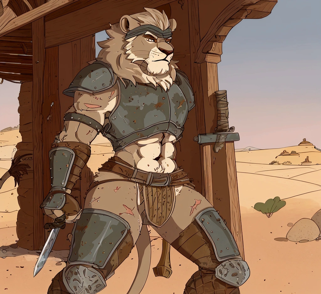 Solo Sexy anthro furry lion male mercenary medieval solider, slim endomorph muscular handsone model male apperance, headband, sword scars, worn out rusty skimpy armament, low on hips heavy leather belt, old very worn out skimpy dirty linen material jockstrap, old yellow dirty worn out stains on white jockstrap, studded skimpy armlets breastplate armor, skimpy breastplate, leather bondages, fingerless leather gloves, smelly unwashed furr, dirty body look, desert battlefield, standing in sexy fighting position, close view of full character