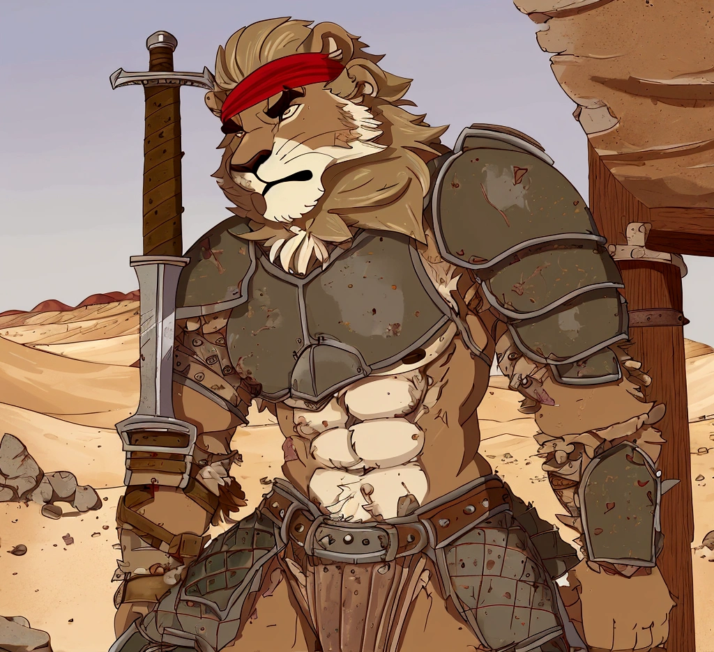 Solo Sexy anthro furry lion male mercenary medieval solider, slim endomorph muscular handsone model male apperance, headband, sword scars, worn out rusty skimpy armament, low on hips heavy leather belt, old very worn out skimpy dirty linen material jockstrap, old yellow dirty worn out stains on white jockstrap, studded skimpy armlets breastplate armor, skimpy breastplate, leather bondages, fingerless leather gloves, smelly unwashed furr, dirty body look, desert battlefield, standing in sexy fighting position, close view of full character