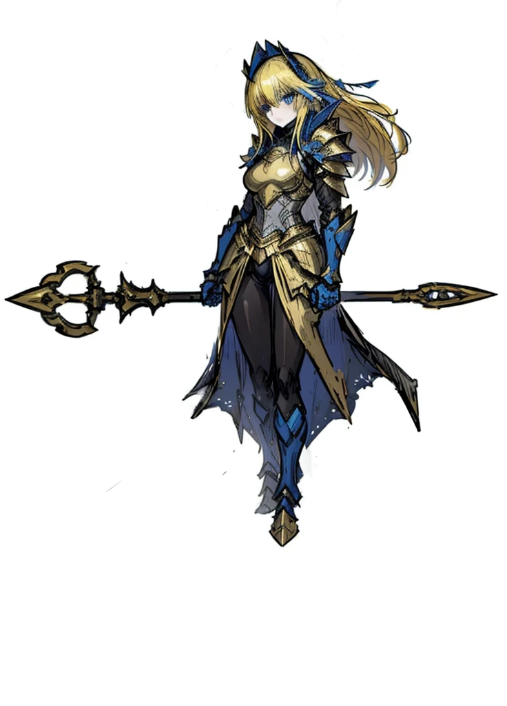 1girl, yellow hair, blue eyes, epic armor, golden armor, legendary weapon, elegant clothes, sacred knight, (high resolution, high detail, Best quality), small breasts, staff