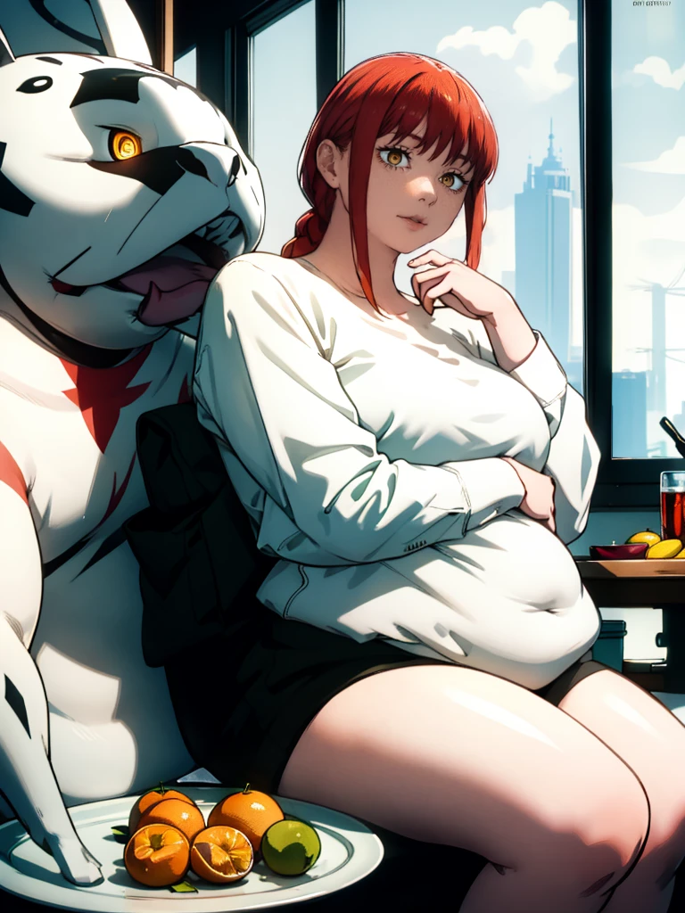 Le personnage Makima de la série animée Chainsaw Man, fragile, obésité morbide, ssbbw, pleine longueur (corps entier 1.1.), fond sombre, obscurité, anatomie correcte 1.1, anatomie correcte de la main, Très féminin, corps gras et rond, grosses Jambes, fesses, beau corps obèse, ventre rond et mou très gras, cheveux roux, Yeux oranges, Cercles rouges pour les écoliers, chemise blanche, jupe noire, cravate noire, pose sexy, réaliste, very détaillé, beau corps, détaillé body, détaillé hands, détaillé, vibrant, détaillé Face, Conception des personnages de Makima. very détaillé, détaillé body, détaillé hands, détaillé Face, Art animé, Hugh Détails, Visage très abattu, détaillé eyes, Illustration ultra fine, Meilleure ombre, détail fin, beautiful détaillé glow, beautiful détaillé, Extraordinairement beau, extremely détaillé, inexpressif, composition épique, Style animé. art animé, Style animé. Jupe noire, chemise blanche, cravatte, pose sexy