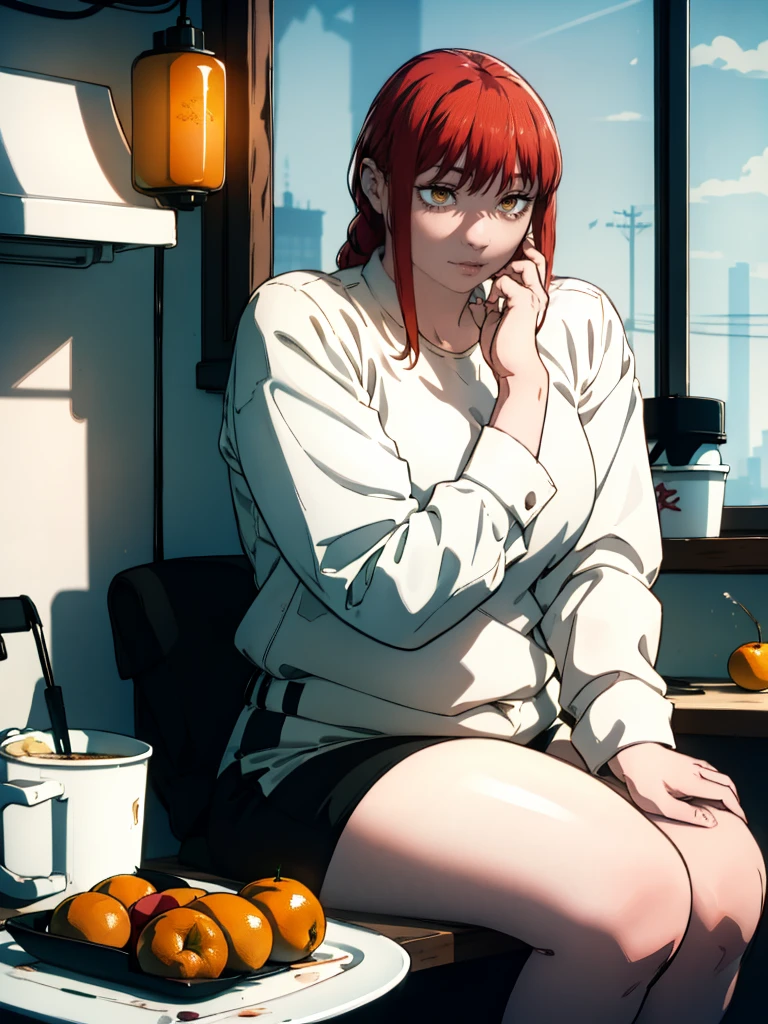 Le personnage Makima de la série animée Chainsaw Man, fragile, obésité morbide, ssbbw, pleine longueur (corps entier 1.1.), fond sombre, obscurité, anatomie correcte 1.1, anatomie correcte de la main, Très féminin, corps gras et rond, grosses Jambes, fesses, beau corps obèse, ventre rond et mou très gras, cheveux roux, Yeux oranges, Cercles rouges pour les écoliers, chemise blanche, jupe noire, cravate noire, pose sexy, réaliste, very détaillé, beau corps, détaillé body, détaillé hands, détaillé, vibrant, détaillé Face, Conception des personnages de Makima. very détaillé, détaillé body, détaillé hands, détaillé Face, Art animé, Hugh Détails, Visage très abattu, détaillé eyes, Illustration ultra fine, Meilleure ombre, détail fin, beautiful détaillé glow, beautiful détaillé, Extraordinairement beau, extremely détaillé, inexpressif, composition épique, Style animé. art animé, Style animé. Jupe noire, chemise blanche, cravatte, pose sexy