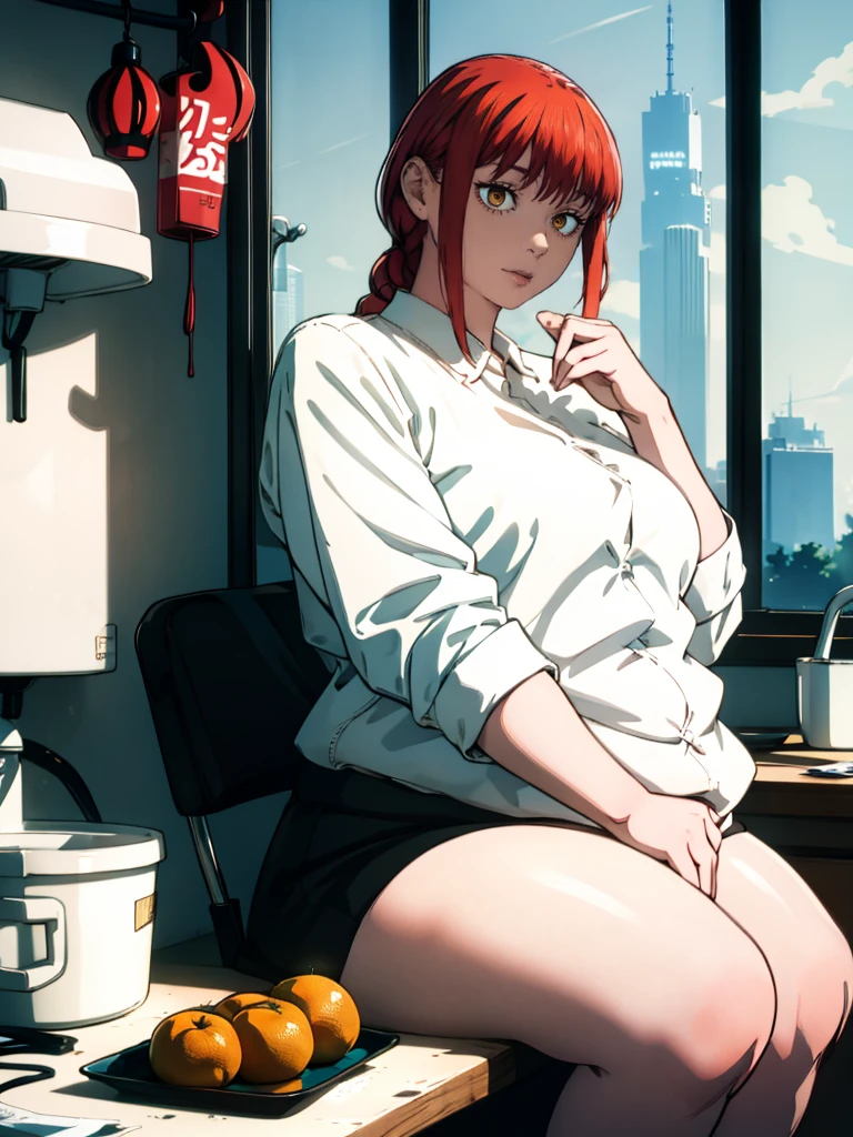 Le personnage Makima de la série animée Chainsaw Man, fragile, obésité morbide, ssbbw, pleine longueur (corps entier 1.1.), fond sombre, obscurité, anatomie correcte 1.1, anatomie correcte de la main, Très féminin, corps gras et rond, grosses Jambes, fesses, beau corps obèse, ventre rond et mou très gras, cheveux roux, Yeux oranges, Cercles rouges pour les écoliers, chemise blanche, jupe noire, cravate noire, pose sexy, réaliste, very détaillé, beau corps, détaillé body, détaillé hands, détaillé, vibrant, détaillé Face, Conception des personnages de Makima. very détaillé, détaillé body, détaillé hands, détaillé Face, Art animé, Hugh Détails, Visage très abattu, détaillé eyes, Illustration ultra fine, Meilleure ombre, détail fin, beautiful détaillé glow, beautiful détaillé, Extraordinairement beau, extremely détaillé, inexpressif, composition épique, Style animé. art animé, Style animé. Jupe noire, chemise blanche, cravatte, pose sexy