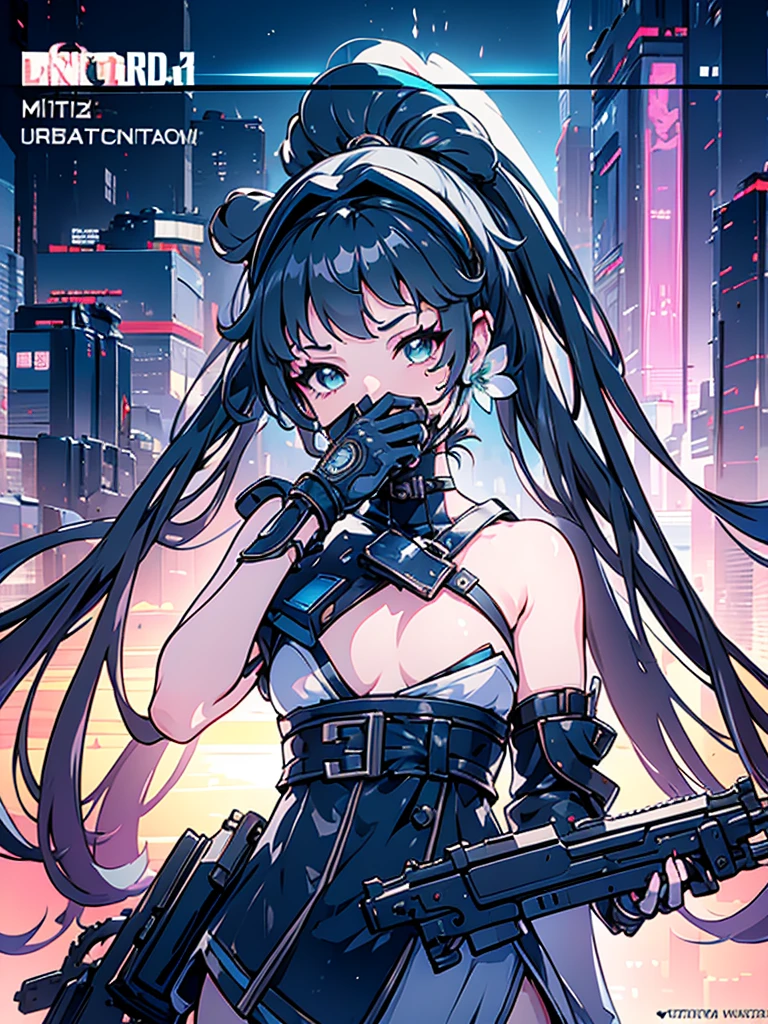 a beautiful detailed anime girl, sexy urban futuristic outfit, subzero mortal kombat mask covering mouth, submachine gun on back, masterpiece, 8k, ultra-detailed, photorealistic, intricate details, dramatic lighting, vibrant colors, cinematic composition, cyberpunk, science fiction, concept art style