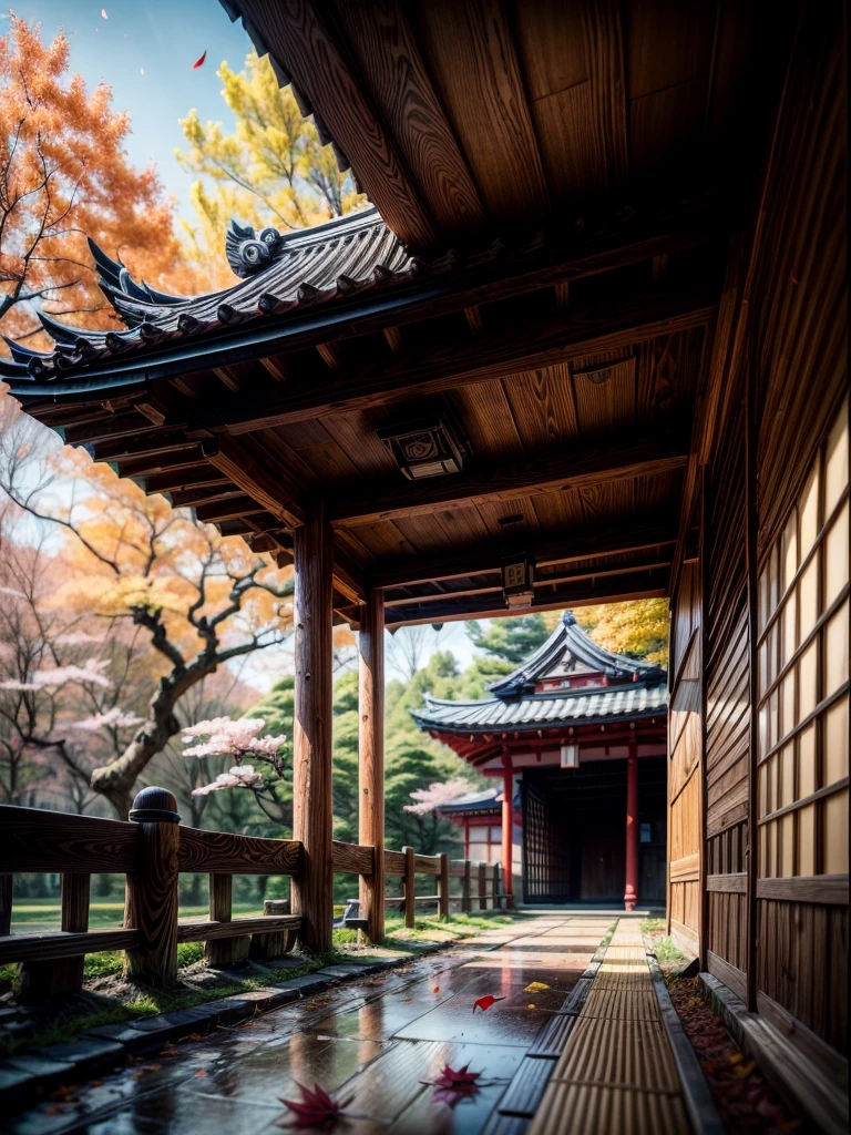 "(best quality,4k,8k,highres,masterpiece:1.2),ultra-detailed,realistic, HDR, autumn scene in Japan, flying autumn leaf,(falling, scattered) autumn leaves, (vivid, vibrant) colors, (soft, warm) color palette, (natural, warm) lighting, (serene, peaceful) atmosphere, traditional Japanese landscape, (tranquil, quiet) ambiance, (rustling, gentle) breeze, (mysterious, secretive), (forgotten, abandoned) battlefield, (tranquil, calm) energy, (nostalgic, wistful) scenery, (captivating, mesmerizing) autumn colors, (calm, serene) demeanor, (decayed, worn-out) surroundings, (lost, forgotten) battleground, fallen cherry blossom petals, delicate brushstrokes, essence of Japanese culture", Focus on Japanese architechture, feudal japan vibes with japanese architecture in a somewhat abtract design