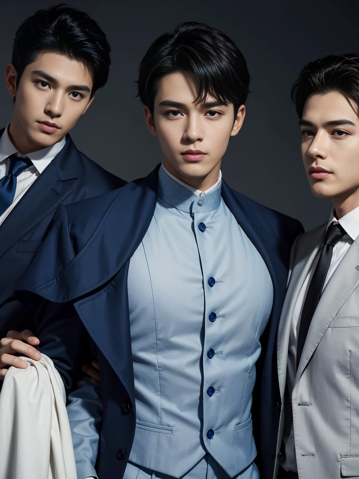 ((masterpiece)),((best quality)),8K,high detail,Very detailed, Very manly,3 men, like,fashion pose, Realistic skin texture, Light,
Royal blue style couple