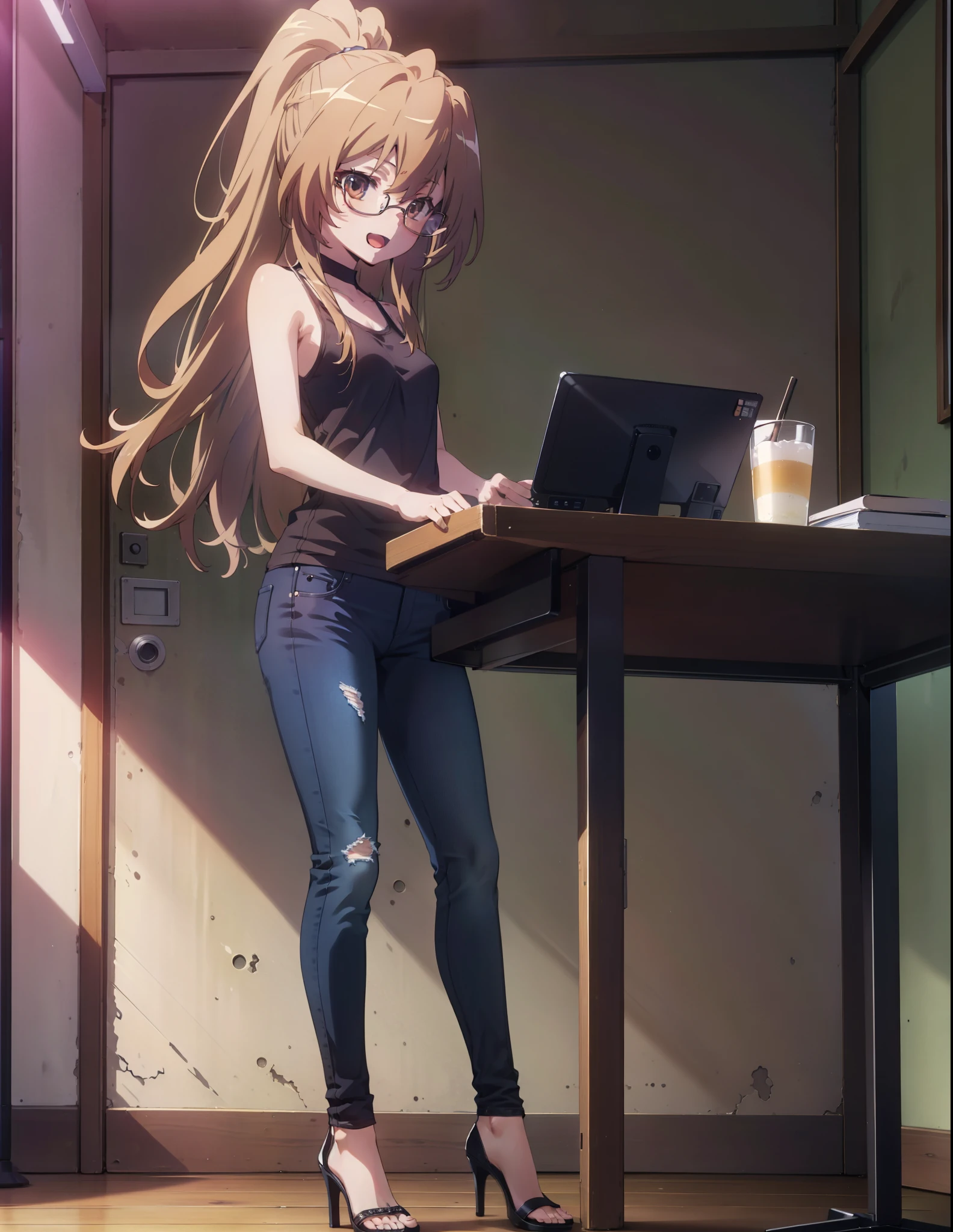 taiga aisaka, taiga aisaka, Long Hair, Brown Hair, Brown eyes,happy smile, smile, Open your mouth,ponytail,Black-rimmed glasses,Brown tank top,Skinny jeans,Stiletto heels,There is a computer on the table,interior,Chair,Are standing,whole bodyがイラストに入るように,
break indoors, office,
break looking at viewer, whole body,
break (masterpiece:1.2), Highest quality, High resolution, unity 8k wallpaper, (shape:0.8), (Beautiful attention to detail:1.6), Highly detailed face, Perfect lighting, Highly detailed CG, (Perfect hands, Perfect Anatomy),