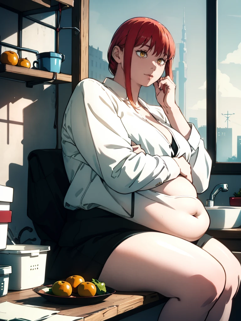 Le personnage Makima de la série animée Chainsaw Man, fragile, obésité morbide, ssbbw, pleine longueur (corps entier 1.1.), fond sombre, obscurité, anatomie correcte 1.1, anatomie correcte de la main, Très féminin, corps gras et rond, grosses Jambes, fesses, beau corps obèse, ventre rond et mou très gras, cheveux roux, Yeux oranges, Cercles rouges pour les écoliers, chemise blanche, jupe noire, cravate noire, pose sexy, réaliste, very détaillé, beau corps, détaillé body, détaillé hands, détaillé, vibrant, détaillé Face, Conception des personnages de Makima. very détaillé, détaillé body, détaillé hands, détaillé Face, Art animé, Hugh Détails, Visage très abattu, détaillé eyes, Illustration ultra fine, Meilleure ombre, détail fin, beautiful détaillé glow, beautiful détaillé, Extraordinairement beau, extremely détaillé, inexpressif, composition épique, Style animé. art animé, Style animé. Jupe noire, chemise blanche, cravatte, pose sexy