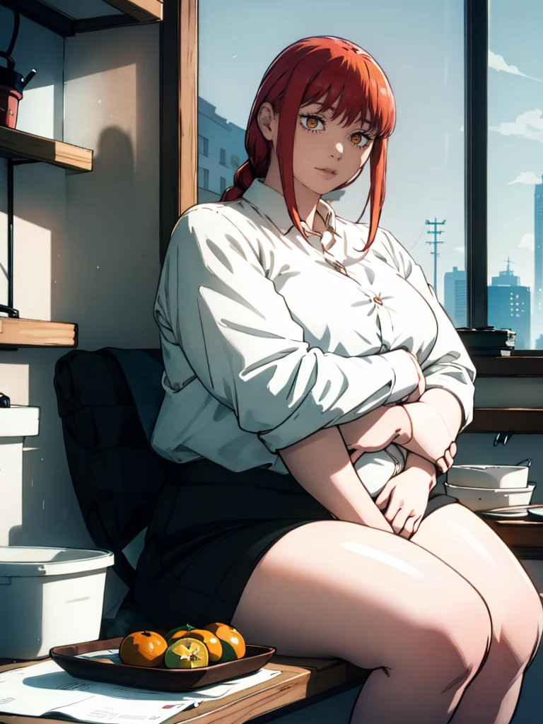 Le personnage Makima de la série animée Chainsaw Man, fragile, obésité morbide, ssbbw, pleine longueur (corps entier 1.1.), fond sombre, obscurité, anatomie correcte 1.1, anatomie correcte de la main, Très féminin, corps gras et rond, grosses Jambes, fesses, beau corps obèse, ventre rond et mou très gras, cheveux roux, Yeux oranges, Cercles rouges pour les écoliers, chemise blanche, jupe noire, cravate noire, pose sexy, réaliste, very détaillé, beau corps, détaillé body, détaillé hands, détaillé, vibrant, détaillé Face, Conception des personnages de Makima. very détaillé, détaillé body, détaillé hands, détaillé Face, Art animé, Hugh Détails, Visage très abattu, détaillé eyes, Illustration ultra fine, Meilleure ombre, détail fin, beautiful détaillé glow, beautiful détaillé, Extraordinairement beau, extremely détaillé, inexpressif, composition épique, Style animé. art animé, Style animé. Jupe noire, chemise blanche, cravatte, pose sexy