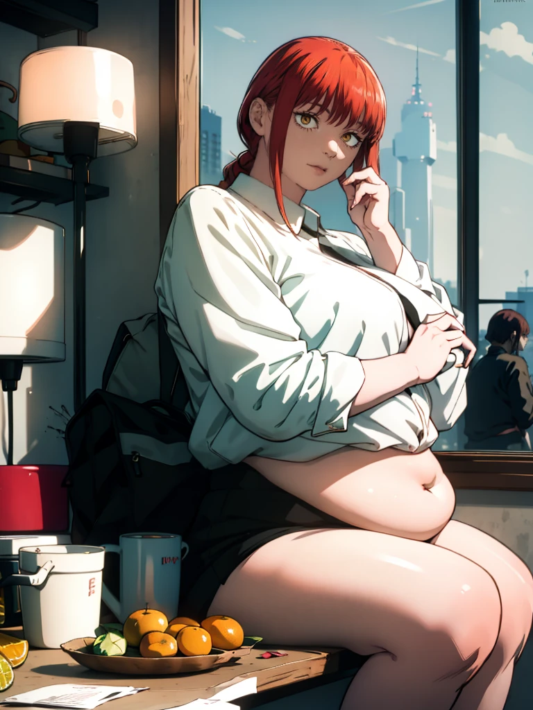 Le personnage Makima de la série animée Chainsaw Man, fragile, obésité morbide, ssbbw, pleine longueur (corps entier 1.1.), fond sombre, obscurité, anatomie correcte 1.1, anatomie correcte de la main, Très féminin, corps gras et rond, grosses Jambes, fesses, beau corps obèse, ventre rond et mou très gras, cheveux roux, Yeux oranges, Cercles rouges pour les écoliers, chemise blanche, jupe noire, cravate noire, pose sexy, réaliste, very détaillé, beau corps, détaillé body, détaillé hands, détaillé, vibrant, détaillé Face, Conception des personnages de Makima. very détaillé, détaillé body, détaillé hands, détaillé Face, Art animé, Hugh Détails, Visage très abattu, détaillé eyes, Illustration ultra fine, Meilleure ombre, détail fin, beautiful détaillé glow, beautiful détaillé, Extraordinairement beau, extremely détaillé, inexpressif, composition épique, Style animé. art animé, Style animé. Jupe noire, chemise blanche, cravatte, pose sexy