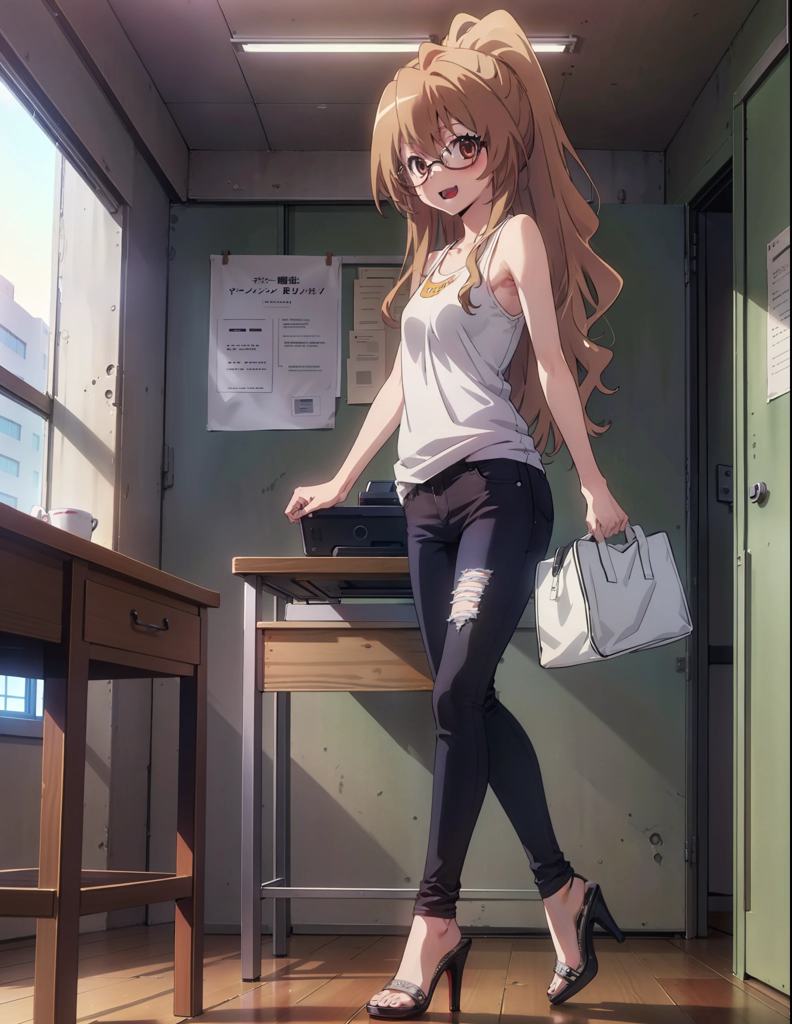 taiga aisaka, taiga aisaka, Long Hair, Brown Hair, Brown eyes,happy smile, smile, Open your mouth,ponytail,Black-rimmed glasses,Brown tank top,Skinny jeans,Stiletto heels,There is a computer on the table,interior,Chair,Are standing,whole bodyがイラストに入るように,
break indoors, office,
break looking at viewer, whole body,
break (masterpiece:1.2), Highest quality, High resolution, unity 8k wallpaper, (shape:0.8), (Beautiful attention to detail:1.6), Highly detailed face, Perfect lighting, Highly detailed CG, (Perfect hands, Perfect Anatomy),