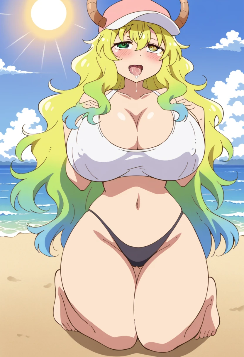 anime art style, 2d, masterpiece, best quality, very aesthetic, absurdres, dynamic shadows, atmosferic, lucoa_md, (1girl), (blonde hair), long hair, (gradient hair), green hair, blue hair, heterochromia, green eye, yellow eye, ahoge, hair between eyes, bangs, big breasts, cleavage, curvy body, collarbone, makeup, blush, (ahegao), tongue, (saliva), horns, hat, pink baseball cap, white crop top, black thong, covered nipples, sexy smile, (cowboy shot), (wariza), hands holding breasts, (from below), beach, clouds, sky, sun