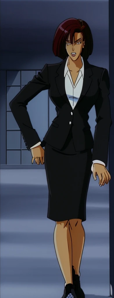 90s style Anime Evil black skinned business woman in a skirt suit