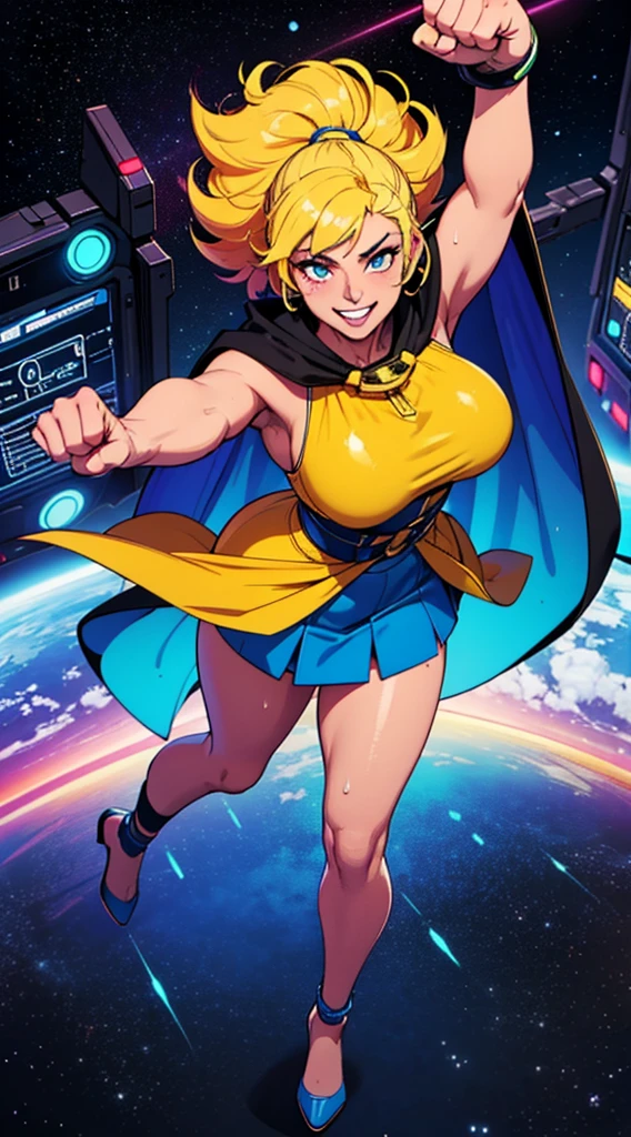 Digital painting of a woman with royal blue and yellow hair, super hero, muscle girl, pose, fist up, ((from above)), 1knee up, Behance Contest Winner, Afrofuturism, Synthwave, neon, glowing neon, sagging massive breasts, mini skirt, cape, sweat, glossy silky skin, smile,  in space, 