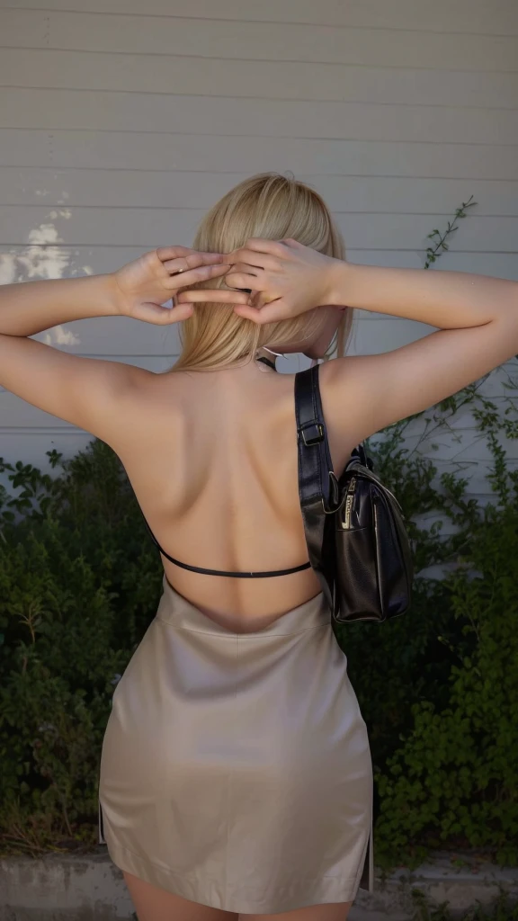 blonde woman in short skirt with black bag and purse, rear view, showing her shoulder from behind, back slit, open back dress, shot from the back, coast pose, exposed back, arms behind the back, rear view, photo from behind, rear view also, hands behind the back, backfacing, facing backwards, rear view, from behind