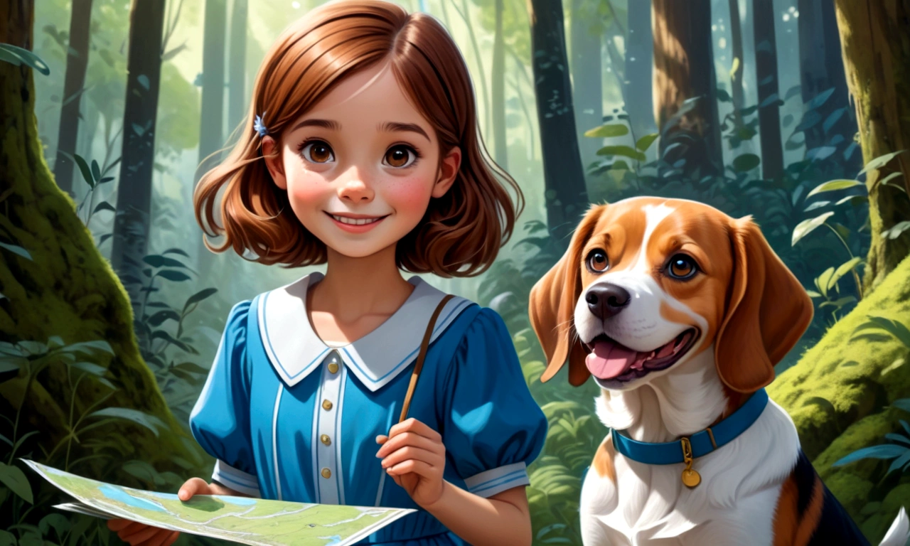 Draw a young girl with brown hair and a blue dress, with a look of happiness for having found a map in a dense forest. Next to her a happy brown and white beagle