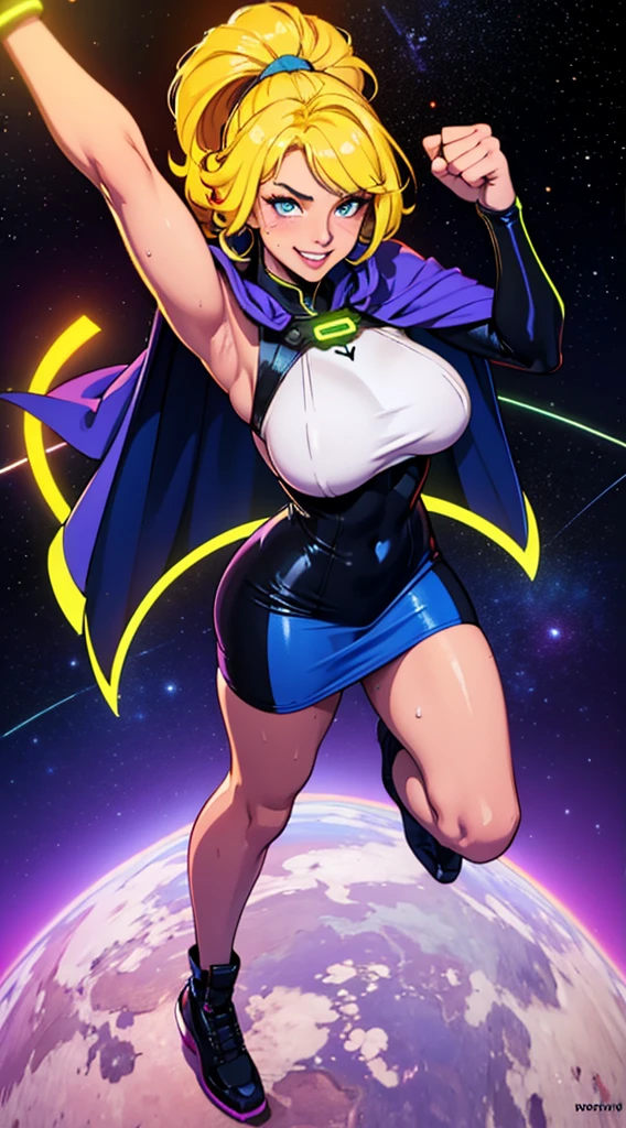 Digital painting of a woman with royal blue and yellow hair, super hero, muscle girl, pose, fist up, ((from above)), 1knee up, Behance Contest Winner, Afrofuturism, Synthwave, neon, glowing neon, sagging massive breasts, mini skirt, cape, sweat, glossy silky skin, smile, in space,