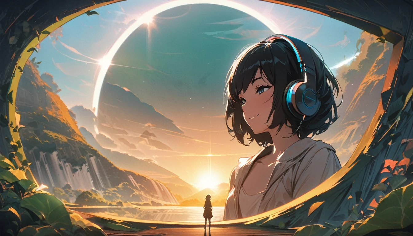 1girl, solo, b, flat chest, short hair, black hair, gentle smile on her face, white shirt, the sun shining light on her ((masterpiece, illustration, best quality)) 1girl, (abstract art by Gian Paolo Dulbecco:0.8) and (Kevin Hill:1.1) , fantasy, Rule of Thirds, landscape of a Pictorial Groovy Green ([The Rhine River|Plovdiv]:1.3) from inside of a Playhouse, Profound foliage with Ivy, at Sunrise, Embarrassing, Cleancore, split lighting, L USM, Mono Color, sgraffito, Bright design, contest winner, beautiful, closing eyes while listing to music while wearing headphones