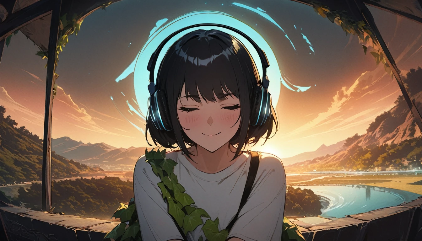 1girl, solo, b, flat chest, short hair, black hair, gentle smile on her face, white shirt, the sun shining light on her ((masterpiece, illustration, best quality)) 1girl, (abstract art by Gian Paolo Dulbecco:0.8) and (Kevin Hill:1.1) , fantasy, Rule of Thirds, landscape of a Pictorial Groovy Green ([The Rhine River|Plovdiv]:1.3) from inside of a Playhouse, Profound foliage with Ivy, at Sunrise, Embarrassing, Cleancore, split lighting, L USM, Mono Color, sgraffito, Bright design, contest winner, beautiful, closing eyes while listing to music while wearing headphones