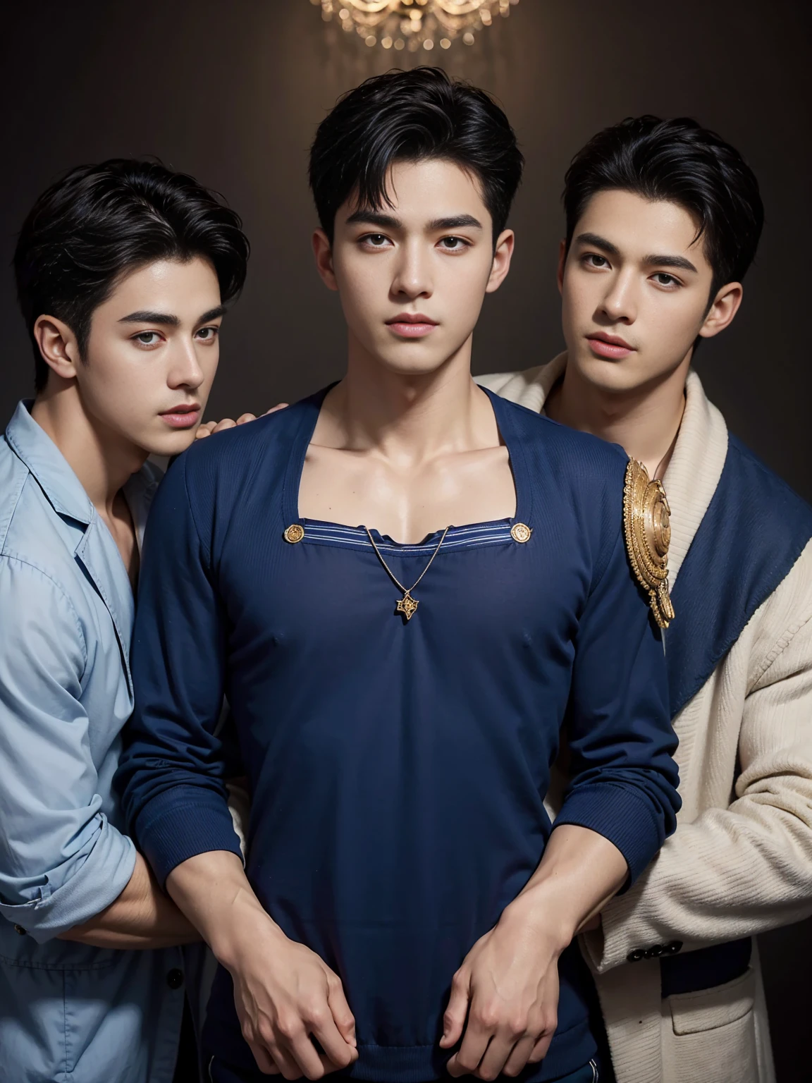 ((masterpiece)),((best quality)),8K,high detail,Very detailed, Very manly,3 men, like,fashion pose, Realistic skin texture, Light,
Royal blue style couple,Perfect hand details