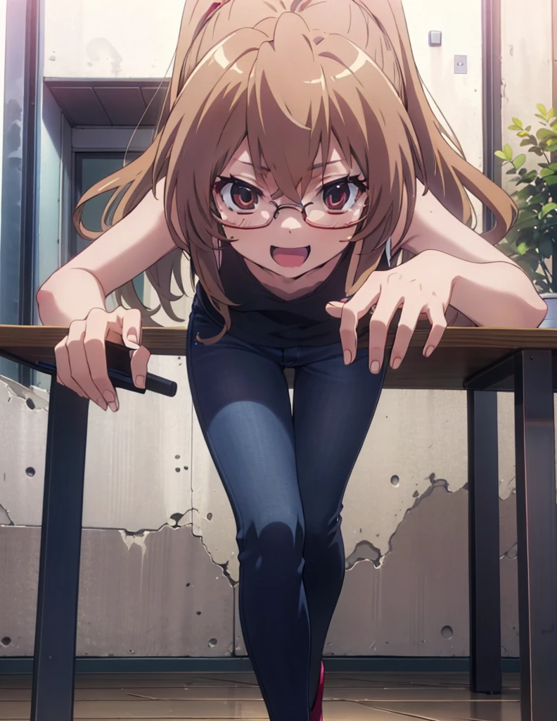 taiga aisaka, taiga aisaka, Long Hair, Brown Hair, Brown eyes,happy smile, smile, Open your mouth,ponytail,Black-rimmed glasses,Brown tank top,Skinny jeans,Stiletto heels,There is a computer on the table,interior,Chair,Walking,whole bodyがイラストに入るように,
break outdoors, Building district,
break looking at viewer, whole body,
break (masterpiece:1.2), Highest quality, High resolution, unity 8k wallpaper, (shape:0.8), (Beautiful attention to detail:1.6), Highly detailed face, Perfect lighting, Highly detailed CG, (Perfect hands, Perfect Anatomy),
