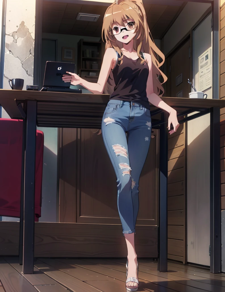 taiga aisaka, taiga aisaka, Long Hair, Brown Hair, Brown eyes,happy smile, smile, Open your mouth,ponytail,Black-rimmed glasses,Brown tank top,Skinny jeans,Stiletto heels,There is a computer on the table,interior,Chair,Walking,whole bodyがイラストに入るように,
break outdoors, Building district,
break looking at viewer, whole body,
break (masterpiece:1.2), Highest quality, High resolution, unity 8k wallpaper, (shape:0.8), (Beautiful attention to detail:1.6), Highly detailed face, Perfect lighting, Highly detailed CG, (Perfect hands, Perfect Anatomy),