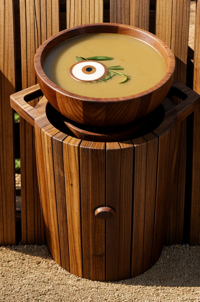 wooden fence with eyes, arms and mouth eating soup