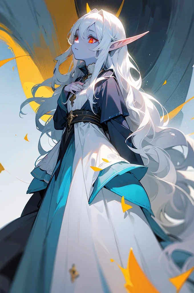 An elf with grayish blue skin, White hair, Long and wavy, dressed as a witch and looking up with her yellow and red eyes.