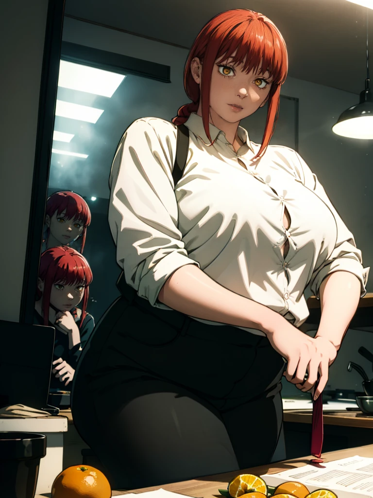 Le personnage Makima de la série animée Chainsaw Man, fragile, obésité morbide, ssbbw, pleine longueur (corps entier 1.1.), fond sombre, obscurité, anatomie correcte 1.1, anatomie correcte de la main, Très féminin, corps gras et rond, grosses Jambes, fesses, beau corps obèse, ventre rond et mou très gras, ventre visible, cheveux roux, Yeux oranges, Cercles rouges pour les écoliers, chemise blanche, jupe noire, cravate noire, pose sexy, réaliste, very détaillé, beau corps, détaillé body, détaillé hands, détaillé, vibrant, détaillé Face, Conception des personnages de Makima. very détaillé, détaillé body, détaillé hands, détaillé Face, Art animé, Hugh Détails, Visage très abattu, détaillé eyes, Illustration ultra fine, Meilleure ombre, détail fin, beautiful détaillé glow, beautiful détaillé, Extraordinairement beau, extremely détaillé, inexpressif, composition épique, Style animé. art animé, Style animé. Jupe noire, chemise blanche, cravatte, pose sexy