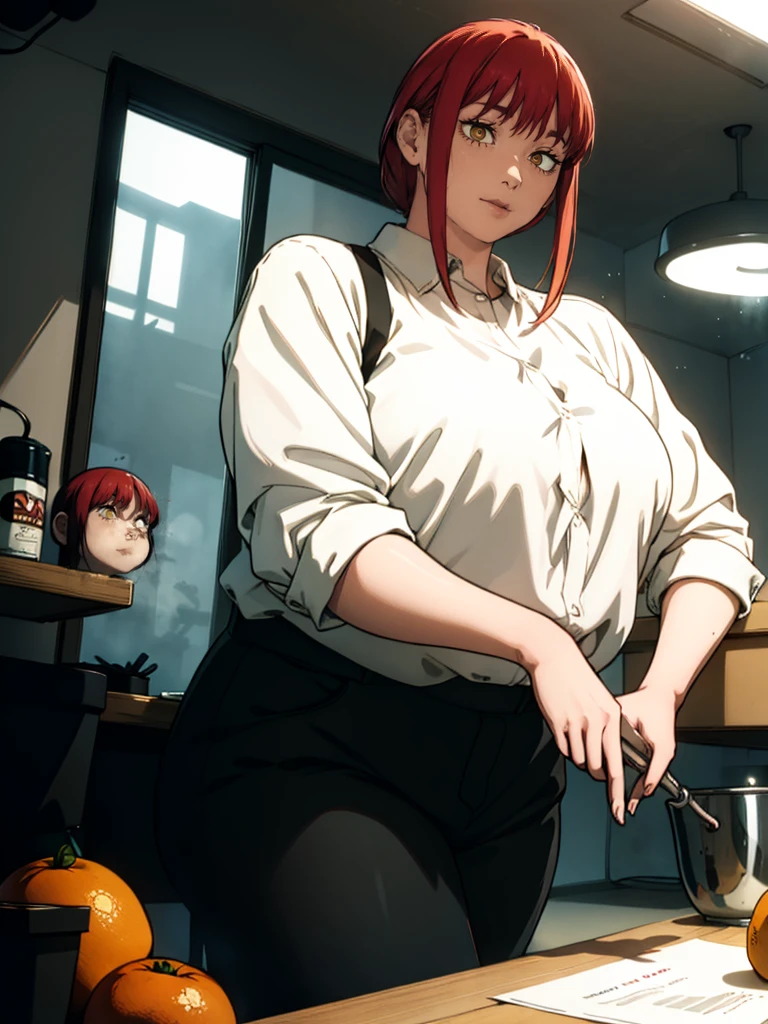 Le personnage Makima de la série animée Chainsaw Man, fragile, obésité morbide, ssbbw, pleine longueur (corps entier 1.1.), fond sombre, obscurité, anatomie correcte 1.1, anatomie correcte de la main, Très féminin, corps gras et rond, grosses Jambes, fesses, beau corps obèse, ventre rond et mou très gras, ventre visible, cheveux roux, Yeux oranges, Cercles rouges pour les écoliers, chemise blanche, jupe noire, cravate noire, pose sexy, réaliste, very détaillé, beau corps, détaillé body, détaillé hands, détaillé, vibrant, détaillé Face, Conception des personnages de Makima. very détaillé, détaillé body, détaillé hands, détaillé Face, Art animé, Hugh Détails, Visage très abattu, détaillé eyes, Illustration ultra fine, Meilleure ombre, détail fin, beautiful détaillé glow, beautiful détaillé, Extraordinairement beau, extremely détaillé, inexpressif, composition épique, Style animé. art animé, Style animé. Jupe noire, chemise blanche, cravatte, pose sexy