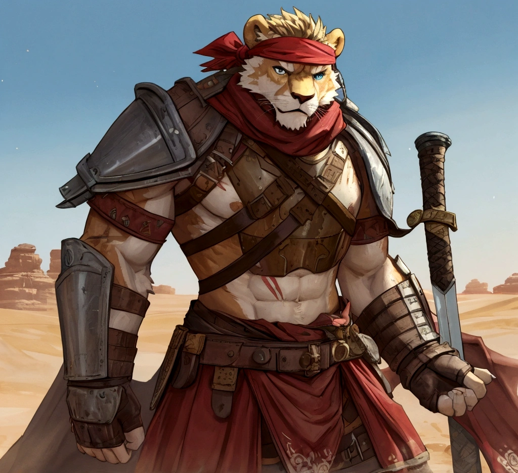 Solo Sexy anthro furry lion male mercenary medieval solider, slim endomorph muscular handsone model male apperance, headband, sword scars, worn out rusty skimpy armament, low on hips heavy leather belt, old very worn out skimpy dirty linen material jockstrap, old yellow dirty worn out stains on white jockstrap, studded skimpy armlets breastplate armor, skimpy breastplate, leather bondages, fingerless leather gloves, smelly unwashed furr, dirty body look, desert battlefield, standing in sexy fighting position, close view of full character