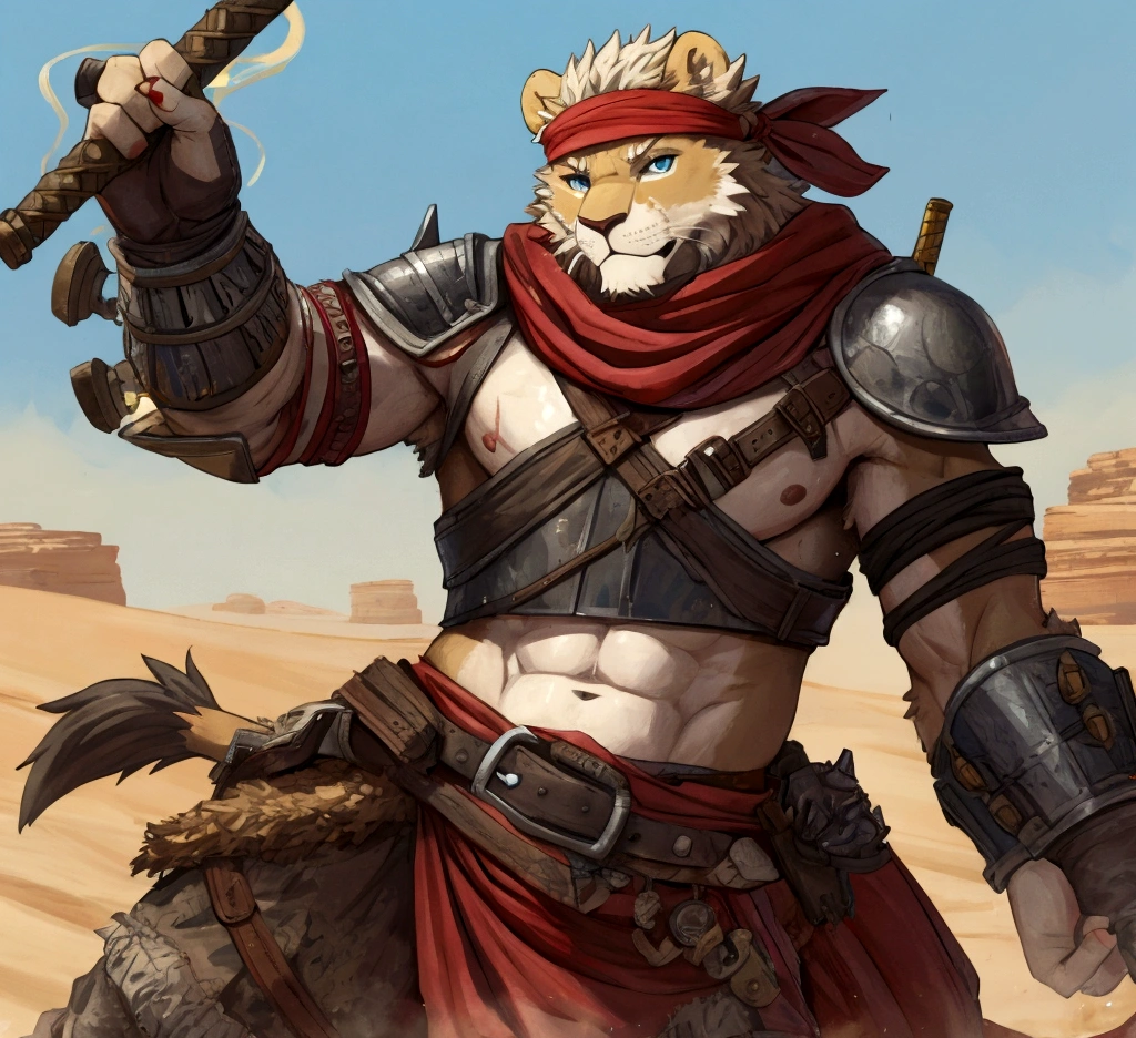 Solo Sexy anthro furry lion male mercenary medieval solider, slim endomorph muscular handsone model male apperance, headband, sword scars, worn out rusty skimpy armament, low on hips heavy leather belt, old very worn out skimpy dirty linen material jockstrap, old yellow dirty worn out stains on white jockstrap, studded skimpy armlets breastplate armor, skimpy breastplate, leather bondages, fingerless leather gloves, smelly unwashed furr, dirty body look, desert battlefield, standing in sexy fighting position, close view of full character