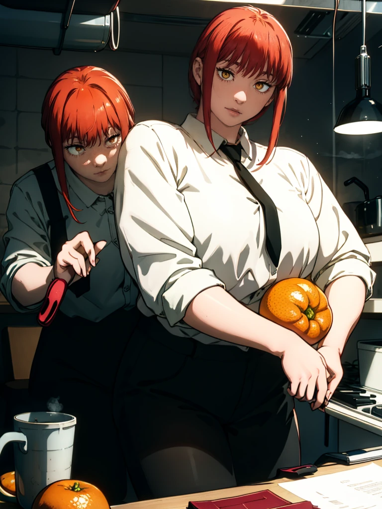 Le personnage Makima de la série animée Chainsaw Man, fragile, obésité morbide, ssbbw, pleine longueur (corps entier 1.1.), fond sombre, obscurité, anatomie correcte 1.1, anatomie correcte de la main, Très féminin, corps gras et rond, grosses Jambes, fesses, beau corps obèse, ventre rond et mou très gras, ventre visible, cheveux roux, Yeux oranges, Cercles rouges pour les écoliers, chemise blanche, jupe noire, cravate noire, pose sexy, réaliste, very détaillé, beau corps, détaillé body, détaillé hands, détaillé, vibrant, détaillé Face, Conception des personnages de Makima. very détaillé, détaillé body, détaillé hands, détaillé Face, Art animé, Hugh Détails, Visage très abattu, détaillé eyes, Illustration ultra fine, Meilleure ombre, détail fin, beautiful détaillé glow, beautiful détaillé, Extraordinairement beau, extremely détaillé, inexpressif, composition épique, Style animé. art animé, Style animé. Jupe noire, chemise blanche, cravatte, pose sexy