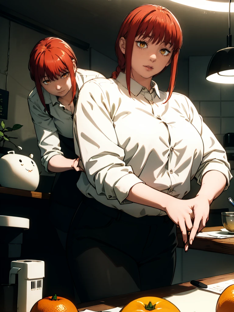 Le personnage Makima de la série animée Chainsaw Man, fragile, obésité morbide, ssbbw, pleine longueur (corps entier 1.1.), fond sombre, obscurité, anatomie correcte 1.1, anatomie correcte de la main, Très féminin, corps gras et rond, grosses Jambes, , beau corps obèse, ventre rond et mou très gras, cheveux roux, Yeux oranges, Cercles rouges pour les écoliers, chemise blanche, jupe noire,vate noire, posxy, réalisteery détaillé, beau corps, détaillé body, détaillé hands, détaillé, vibrant, détaillé Face, Conception des personnages de Makima. very détaillé, détaillé body, détaillé hands, détaillé Face, Art animé, Hugh Détails, Visage très abattu, détaillé eyes, Illustration ultra fine, Meilleure ombre, détail fin, beautiful détaillé glow, beautiful détaillé, Extraordinairement beau, extremely détaillé, inexpressif, composition épique, Style animé. art animé, Style animé. Jupe noire, chemise ble, cravatte, pose sexy