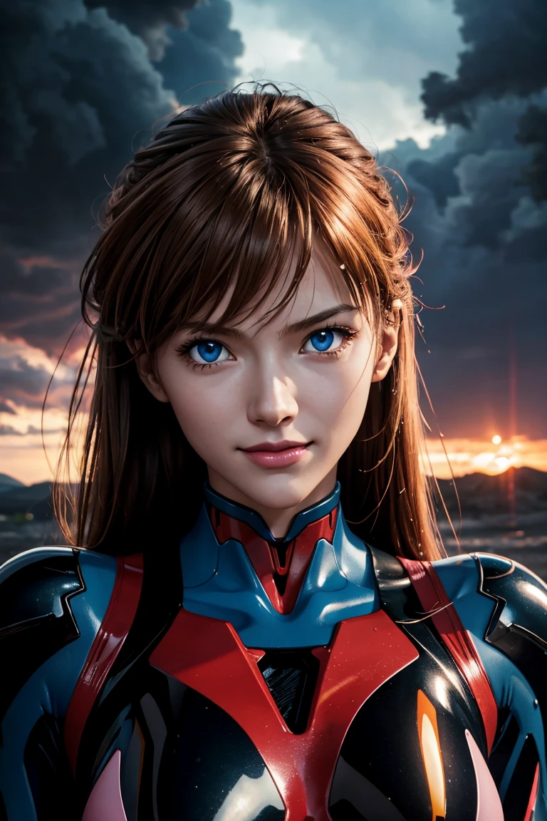 Evangelion,Asuka Langley,blue eyes,Plug Suit,Bodysuits,Interface Headset,赤いBodysuits,Ultra HD,super high quality,masterpiece,Digital SLR,Photorealistic,Detailed details,Vivid details,Depicted in detail,A detailed face,Detailed details,Super Detail,Realistic skin texture,Anatomical basis,Perfect Anatomy,Anatomically correct hand,Anatomically correct fingers,Complex 3D rendering,Sexy pose,Rainy Sky,Beautiful scenery,Fantastic rainy sky,Picturesque,Pink Lips,smile,
