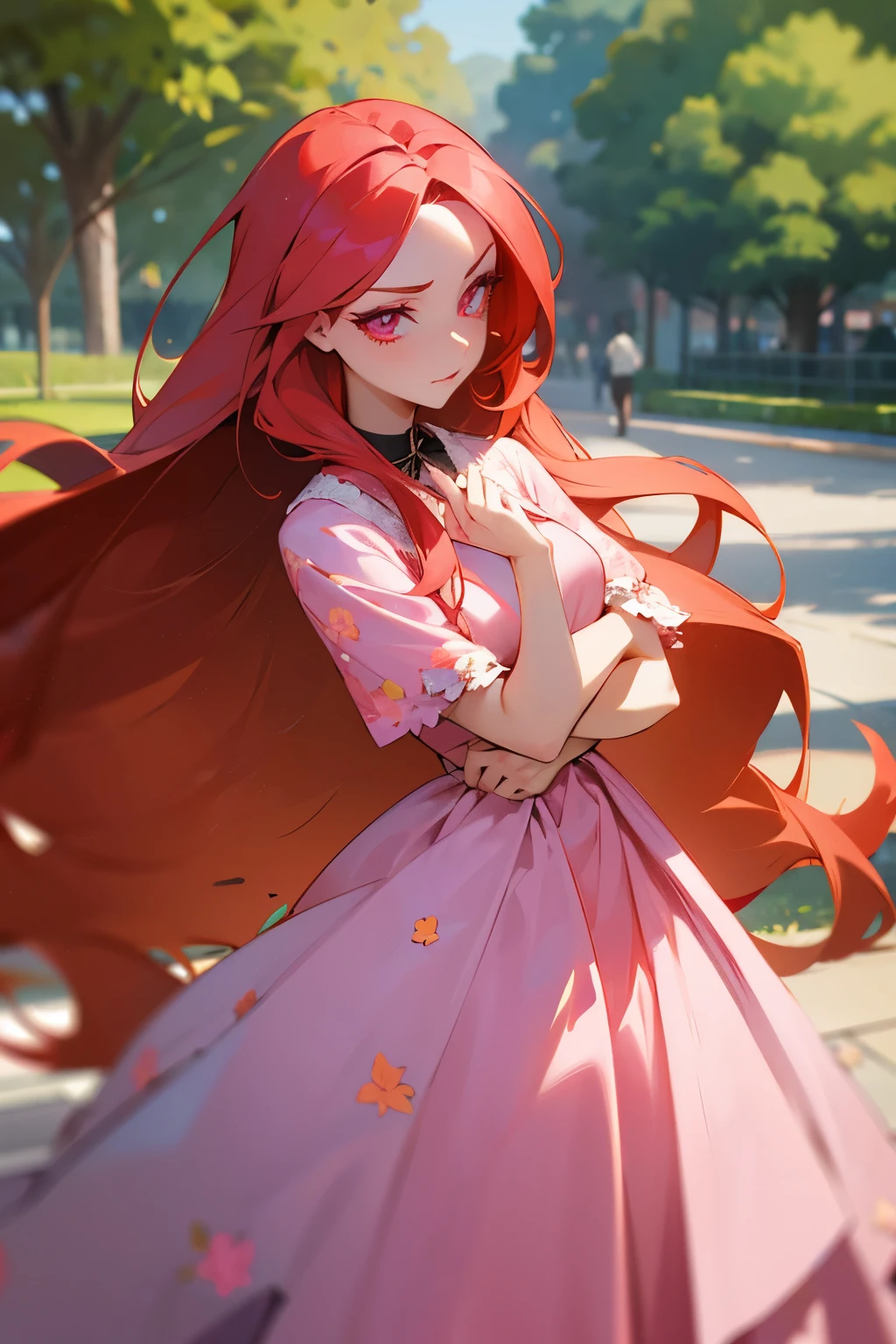 make me a female cartoon character, who is a redhead with long hair, slickedback hair. Your pink eyes, wearing a flowery dress in a park