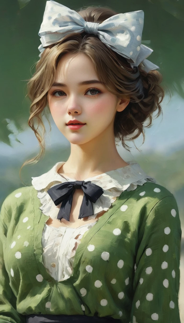 Ultra-realistic CG K ,((premium、8k、32k、Masterpiece、NFFSW:1.3)), (superfine illustration)、(super high resolution), (((adult body))), (Masterpiece, Best Quality:1.2),a beautiful girl，Skin details processing..，The eyes are finely described..，delicate hair，long wavy hair，long light hair，She has a big bow on her head.，black sweater，white dots，Skirt，green，clean background