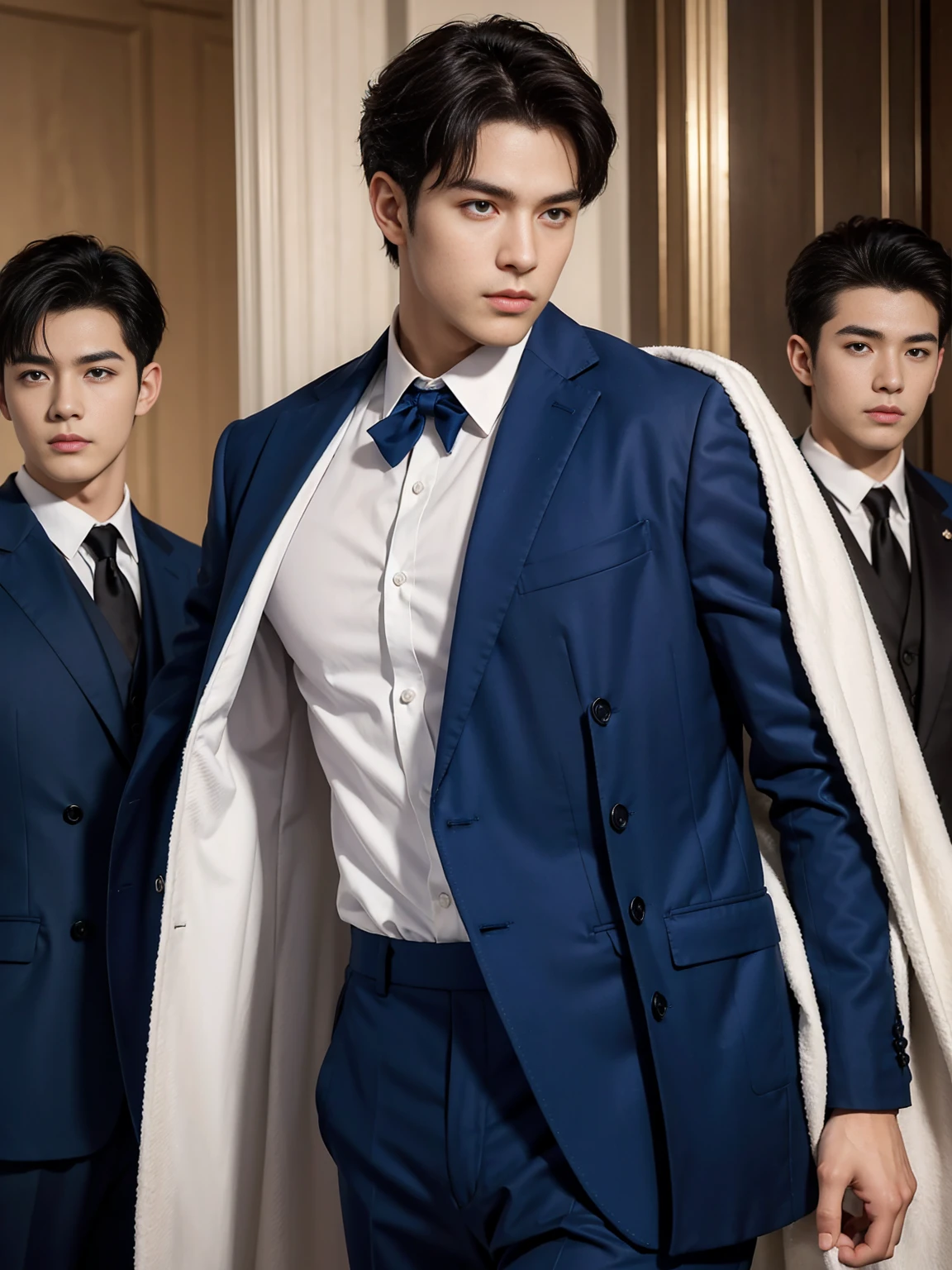 ((masterpiece)),((best quality)),8K,high detail,Very detailed, Very manly,3 men, like,fashion pose, Realistic skin texture, Light,
Royal blue style couple