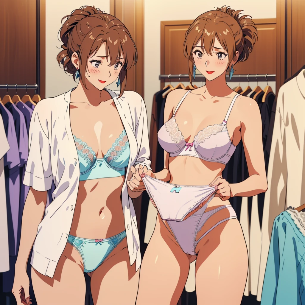 masterpiece, top quality, ultra detailed, ((((AIKA_SUMERAGI, folded ponytail, best anatomy, (white panties, elaborately designed luxury panties for adults, panties high definition images, draw panties with super precision), lace trimmed bra, extremely detailed texture, earrings, red lip, embarrassed, blush, smile)))), cowboy shot, (((lingerie in dressing room))), half-undressing, undressing, bra, panties, white skin, locker room, ((Women in underwear standing)), (presenting panties:1.5), Hold your panties in front of your chest with both hands