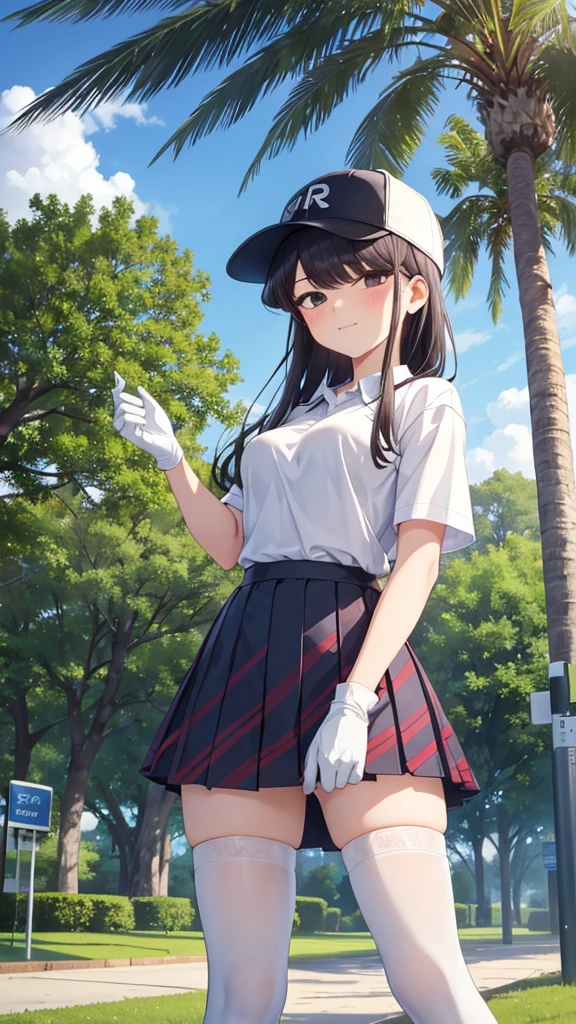 komi_shouko, shokokomidef, tree, bush, white gloves, gloves, nature, forest, grass, outdoors, foliage, 1girl, park, day, golf club, skirt, thighhighs, hat, sky, lamppost, plant, white legwear, blue sky, smile, solo, breasts, palm tree, garden, under tree, long hair, short sleeves, pine tree, looking at viewer, against tree, bangs, jungle, shirt, tree shade, fence, pleated skirt, path, baseball cap, cloud, branch, hair bun, road, blush, on grass, white shirt