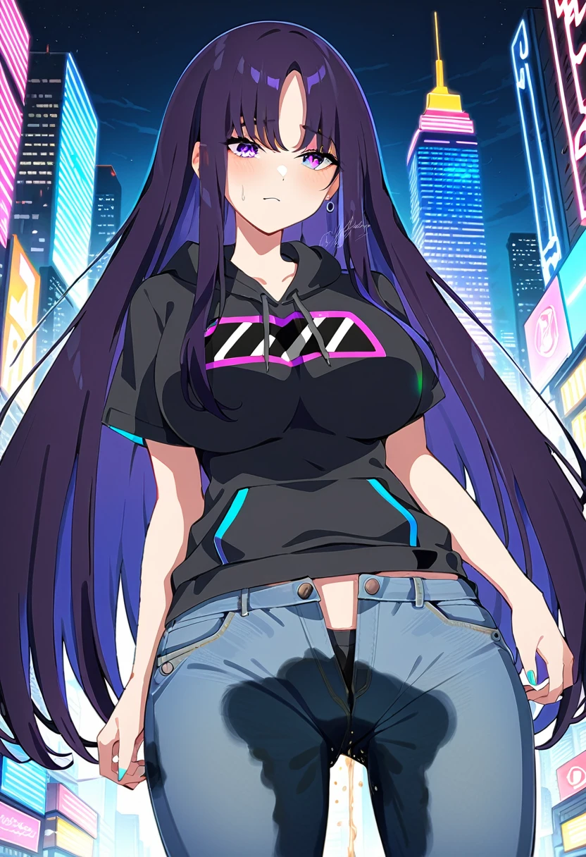 (masterpiece:1.37), best quality, (extremely detailed:1.37), woman, mature, adult, large breasts, (very long hair:1.5), dark purple hair, purple eyes, (extremely detailed eyes:1.37), hoodie, jeans, open fly, desperation, (wetting: self 3.0), standing, city, futuristic, neon lighting, high-tech, street