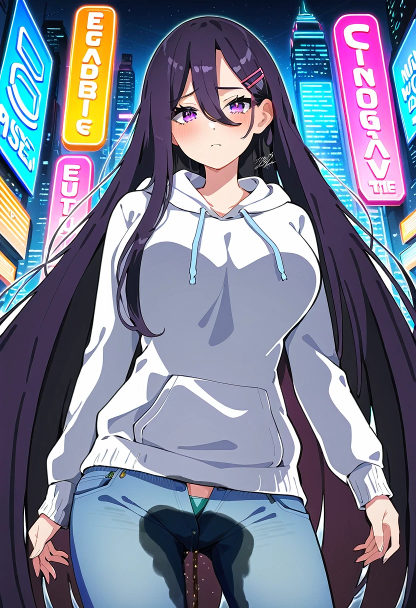 (masterpiece:1.37), best quality, (extremely detailed:1.37), woman, mature, adult, large breasts, (very long hair:1.5), dark purple hair, purple eyes, (extremely detailed eyes:1.37), hoodie, jeans, open fly, desperation, (wetting: self 3.0), standing, city, futuristic, neon lighting, high-tech, street