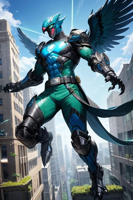 ((best quality)), ((masterpiece)), (detailed), 1 man, full body, 25 years old, masked, blue mask, blue head, uncovered mouth, biker helmet, blue helmet, parrot helmet, black neck, tall, thin, black beak, black details, a green parrot with a blue head on his side, metallic wings, wings on his arms, blue fingerless gloves, blue wristbands, luminous blue wings shooting lasers, blue suit resembling light armor, blue suit with an emblem, entirely green chest, emblem on his chest, green pants, deployable bird tail, metallic feathers, gray knee pads, metallic gray boots, metallic bird claws, black superhero belt, flying through the city, midday city background, anime
