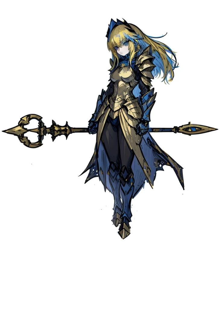 1girl, yellow hair, blue eyes, epic armor, golden armor, legendary weapon, elegant clothes, sacred knight, (high resolution, high detail, Best quality), small breasts, staff
