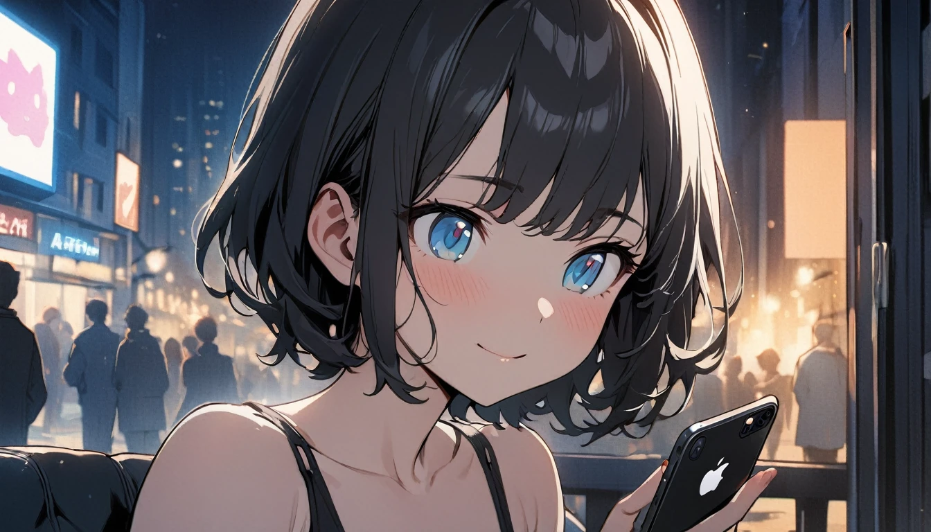 1girl, solo, gentle smile on her face flat chest, short hair, blue eyes, (detailed eyes), black hair, upper body, ((masterpiece, illustration, best quality)) ((best quality)), ((masterpiece)), a girl looking at iPhone, waiting for the reply from a guy who she is interested in, city pop, white and black, nostalgic, night, sexy