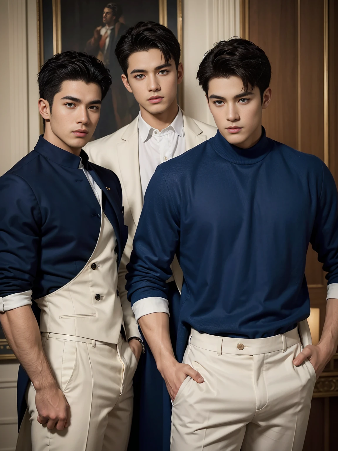 ((masterpiece)),((best quality)),8K,high detail,Very detailed, Very manly,3 men, like,fashion pose, Realistic skin texture, Light,
Royal blue style couple
