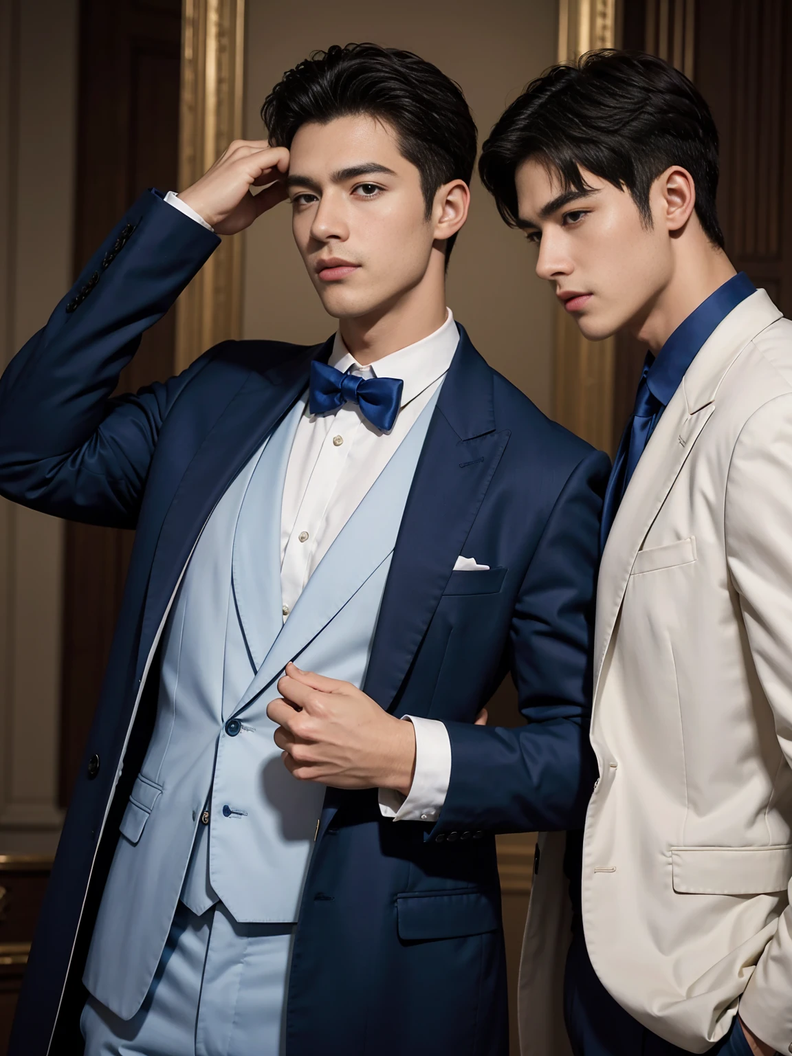 ((masterpiece)),((best quality)),8K,high detail,Very detailed, Very manly,3 men, like,fashion pose, Realistic skin texture, Light,
Royal blue style couple