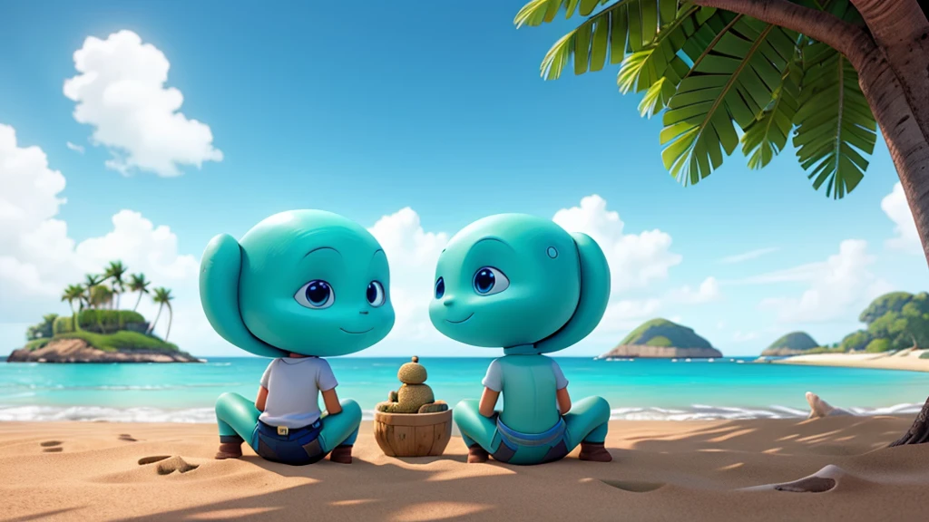 2 aliens sitting on the beach looking at an island in the background